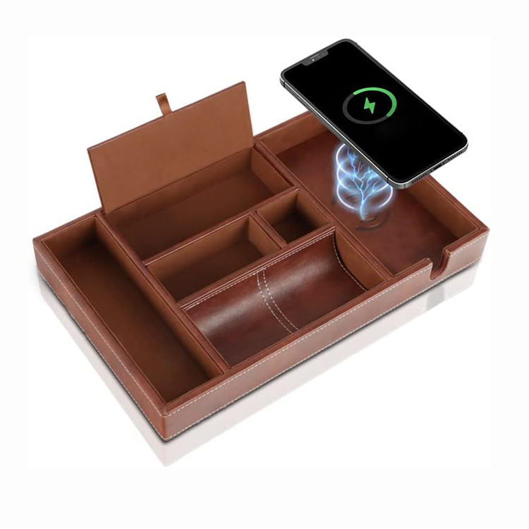 Leather Desk Organizer Wireless Charging Demo